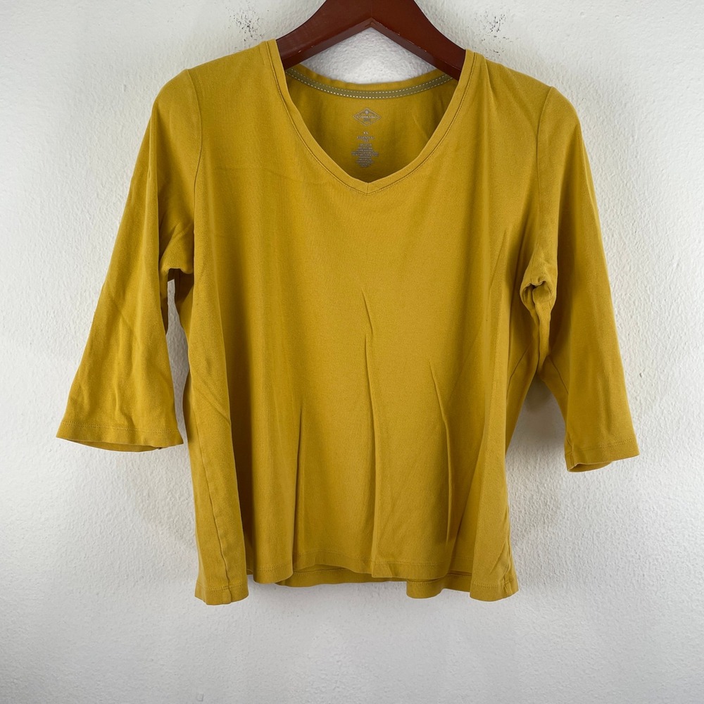 St Johns Bay Essential Tee Mustard Yellow V-Neck 3/4 Sleeve Cotton Top Womens XL
